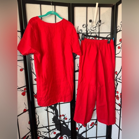 FLAX Linen S/M Petite 2 Piece High Low 100% Linen Red Boho Lightweight Outfit - Picture 7 of 9